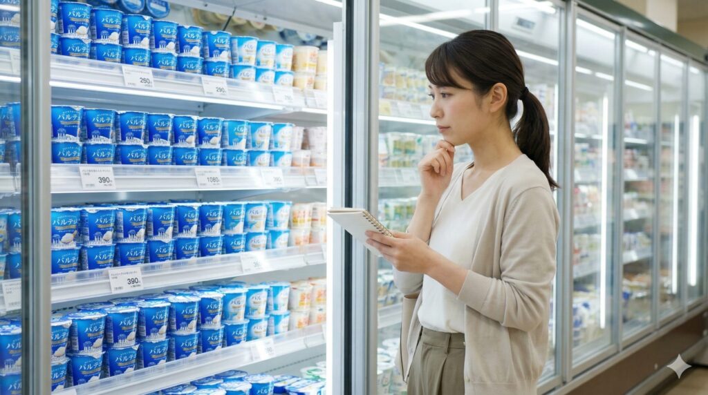 スーパーの乳製品売り場で、複数のパルテノヨーグルトの価格を比較する日本人女性。陳列棚には青いパッケージのパルテノが並び、女性は真剣な表情でメモ帳を手に取っている。店内は明るく、冷蔵ケースに光が反射している。