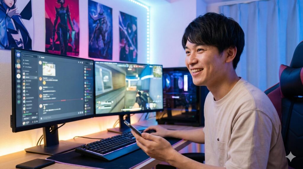 Twitchで配信をする日本人男性と、彼の配信をスマートフォンで見る様子。アプリ購入とブラウザ購入の違いを意識する導入シーン。