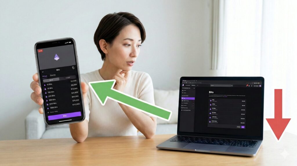 Twitchアプリの購入画面と、PCブラウザの購入画面を並べて比較し、価格差を視覚化する様子。アプリが高いことが一目でわかる。