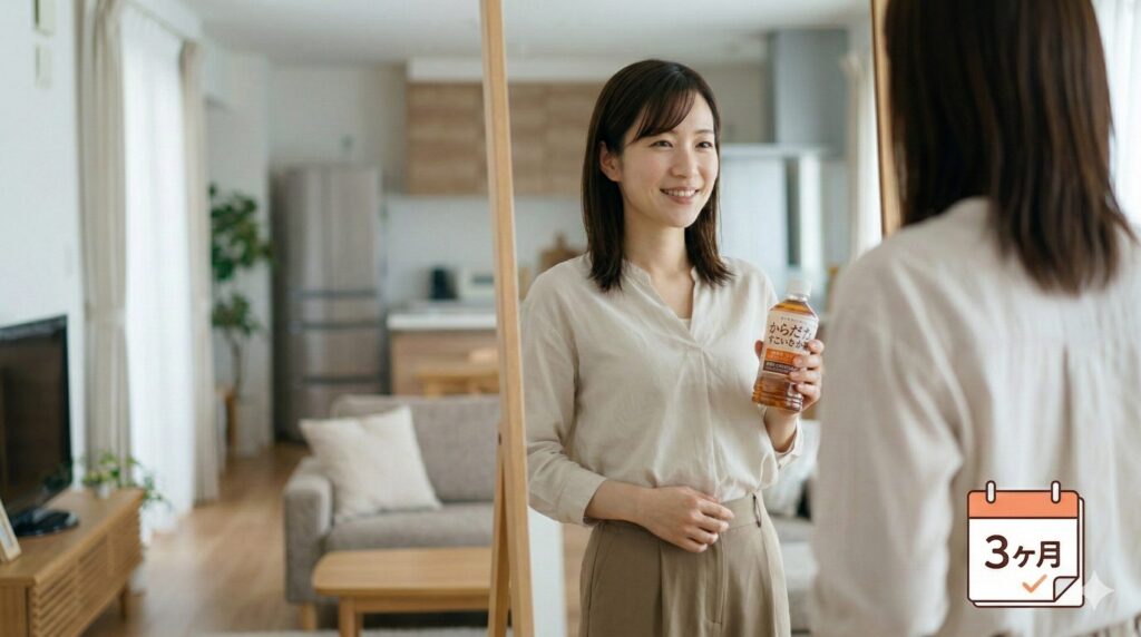 からだすこやか茶W+を3ヶ月飲み続け、お腹まわりがすっきりしたことに自信を持つ日本人女性。自然光が差し込む日本の家庭の鏡の前。