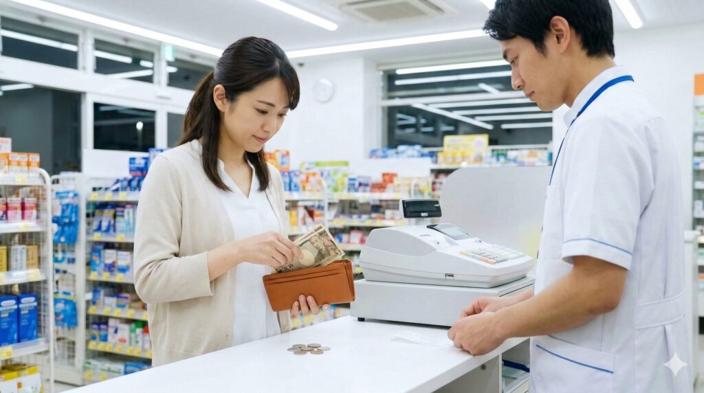 ドラッグストアのレジで、財布から日本円の現金（紙幣と硬貨）を取り出して支払う日本人女性。制服を着た男性店員がレジを操作している。カウンターはシンプルで、背景には明るい店内の陳列棚が見える。現金決済に集中している様子。