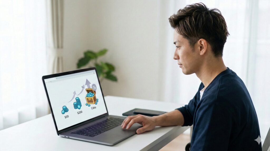 Twitchビッツの購入画面で、小口購入とまとめ買い（1,500ビッツ以上）の割引率の違いを視覚的に示したイメージ。まとめ買いがお得であることがわかる。