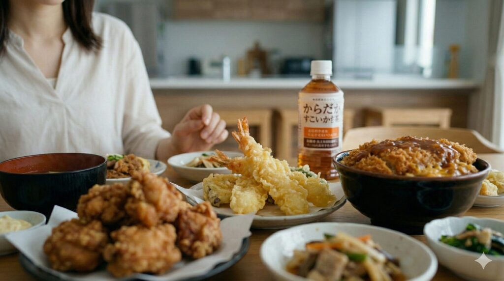 からだすこやか茶W+を飲みつつ、揚げ物やカツ丼などの高カロリーな食事を続ける日本人女性。日本の家庭のダイニング。