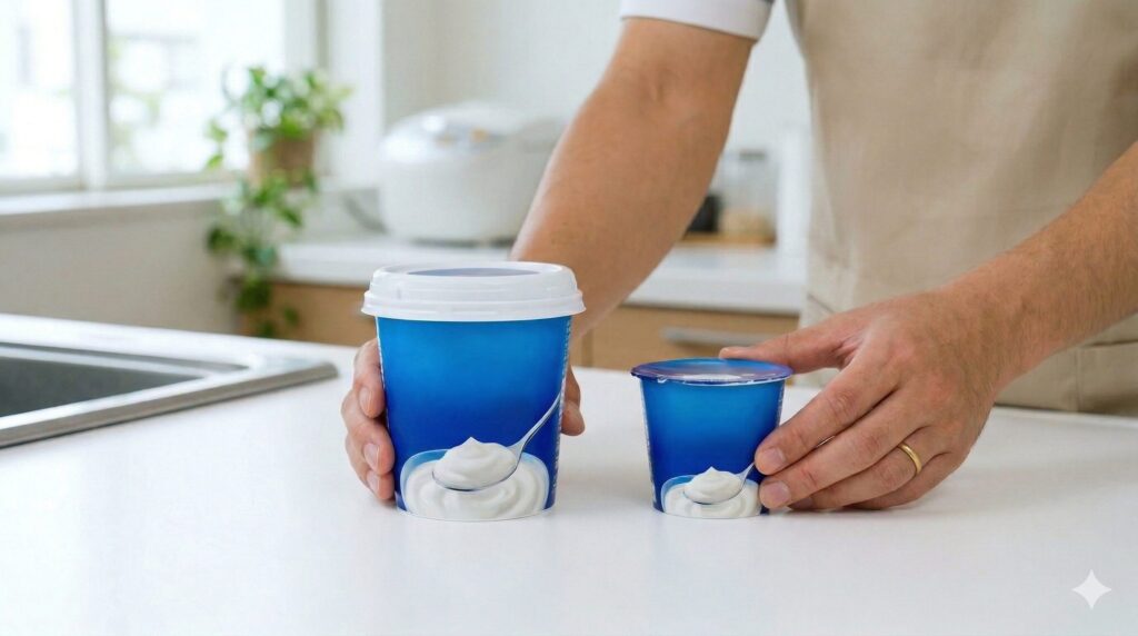 キッチンカウンターの上に並べられた、パルテノヨーグルトの280g大容量ボトルと100g通常カップ。日本人男性の手が両方を持ち、サイズを比較している。大容量ボトルの大きさが際立っている。背景は少しぼかしたモダンな日本風キッチン。