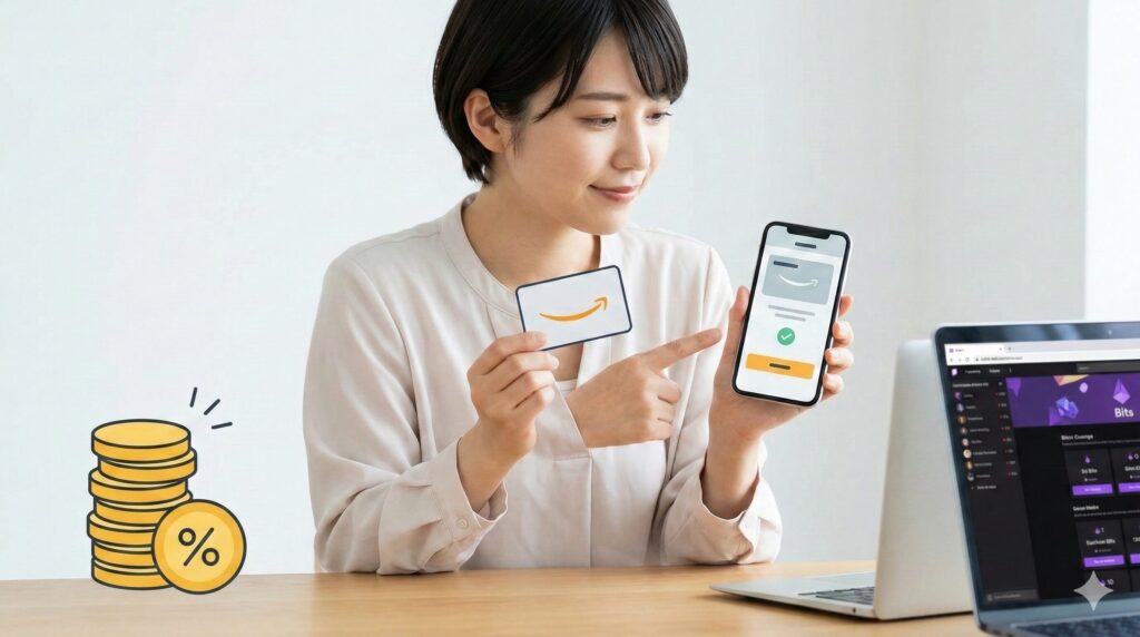 Amazonギフトカードを使ってAmazon Pay残高にチャージし、Twitchビッツを購入する一連の流れを視覚化。ポイント還元の仕組みを表現。