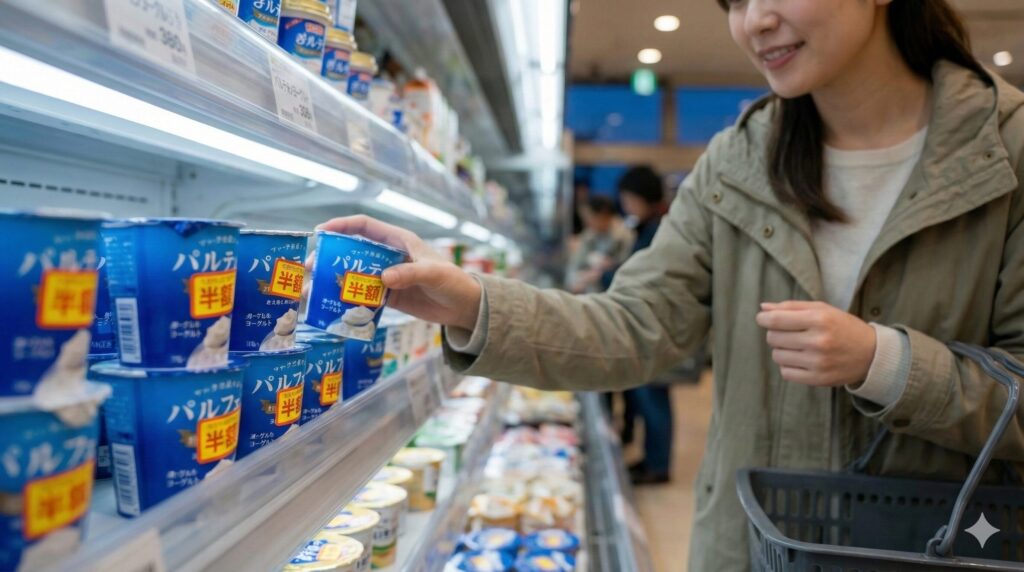 夕暮れの日本のスーパーマーケット。明るく照らされた乳製品売り場の陳列棚に、複数の青いパルテノヨーグルトのカップが並び、鮮やかなオレンジ色の割引シール（半額相当、文字なし）が貼られている。手前の日本人女性が買い物かごを持ち、割引シールが貼られたカップに手を伸ばしている。満足げな表情。