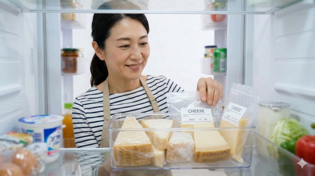 清潔で整理された家庭用冷蔵庫の内部を写した写真。中段の棚に、小分けされたパルミジャーノレッジャーノのブロックがいくつか並んでいる。手前の数個は透明な真空パック袋に密封され、奥の数個はサランラップできっちりと包まれている。それらは、さらに透明なプラスチック製の整理コンテナにまとめられて保管されている。冷蔵庫のドアポケットには、他の食品（ラベルなし）がぼやけて見え、日常的な保存の様子が伝わる。内部照明によって明るく照らされている。