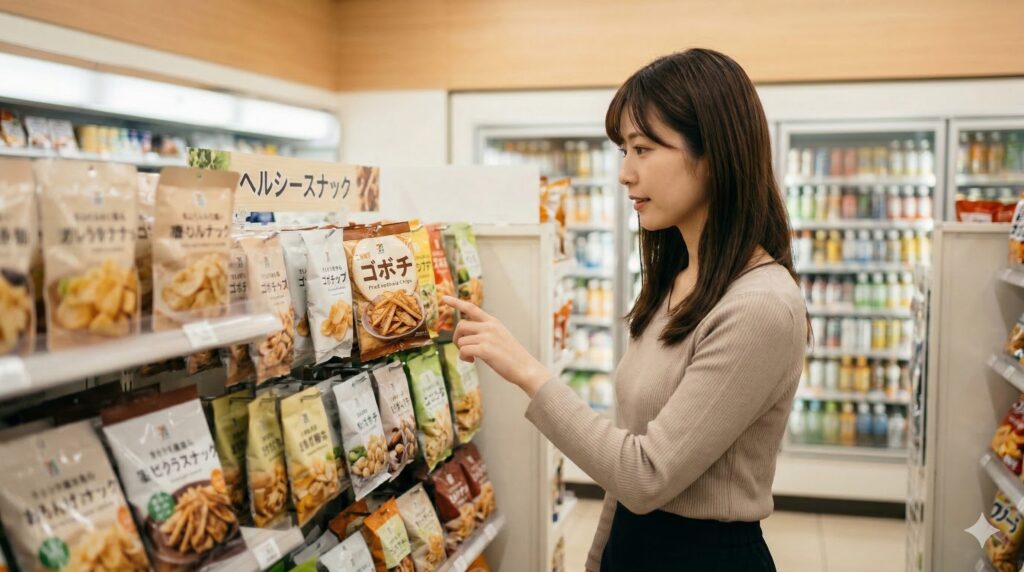 日本のコンビニの健康系おやつコーナーで、ゴボチの袋を手に取る日本人女性。期間限定や地域限定販売の探索を表現。