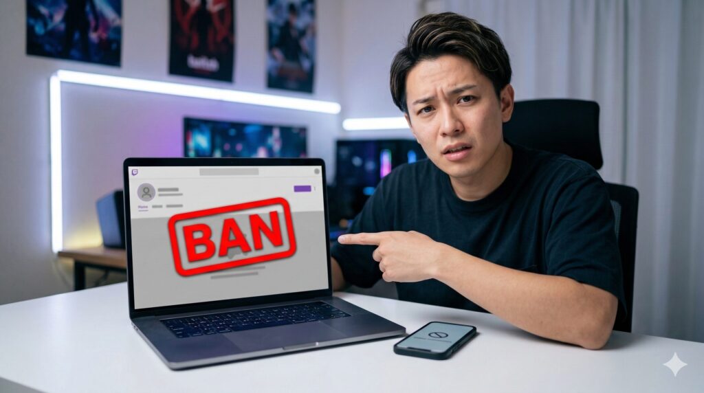 Twitchのアカウントが停止（BAN）された画面を不安そうに見つめる日本人男性。非公式ルート利用のリスクを警告するシーン。