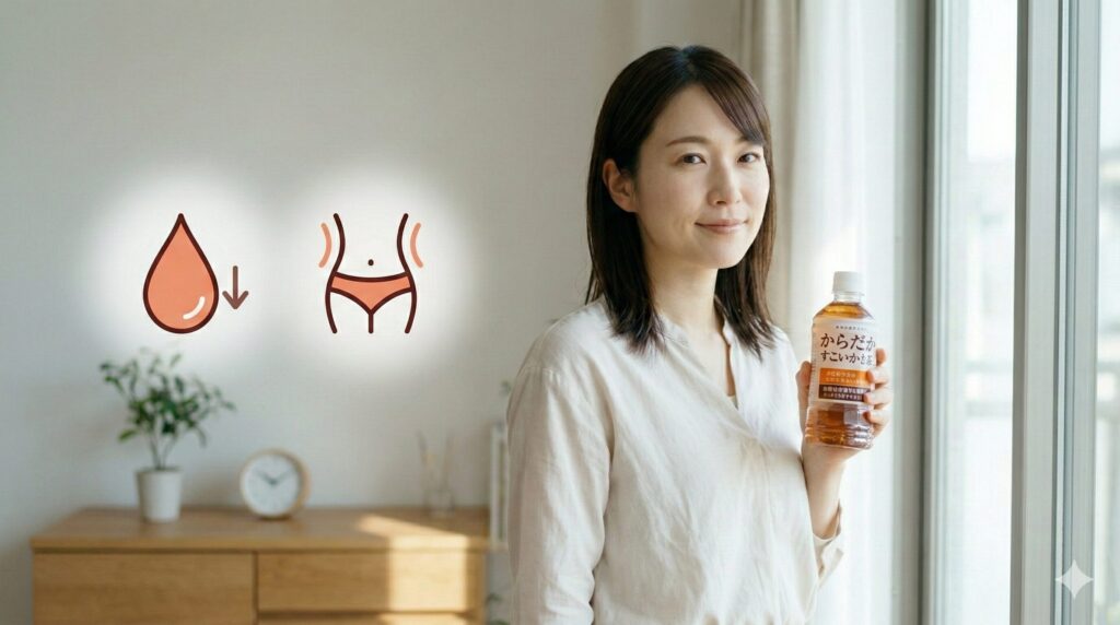 からだすこやか茶W+を持ち、食後の血中中性脂肪と血糖値の上昇抑制機能に信頼を寄せる日本人女性。自然光が差し込む日本の家庭。