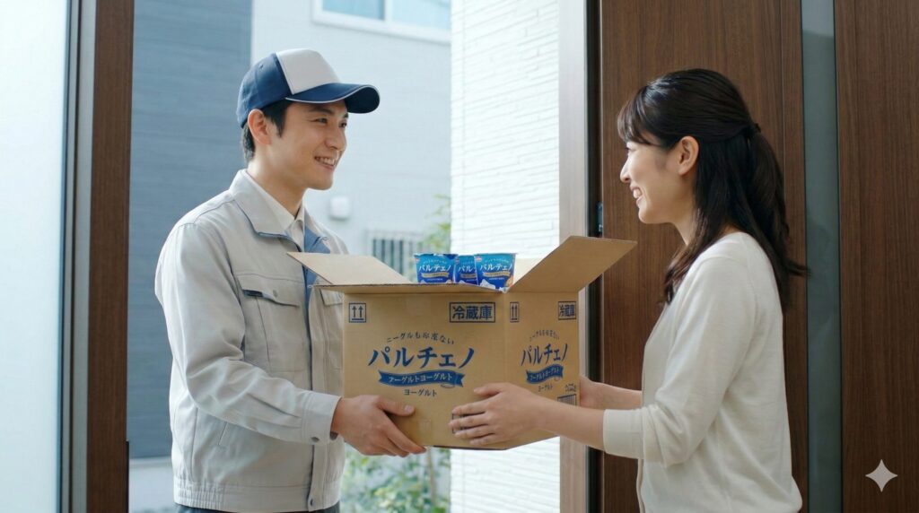 日本の現代的な住宅の玄関先で、制服を着た男性配達員が笑顔で、青いパルテノヨーグルトのブランディングが施された茶色の段ボール箱を女性に手渡している。箱には冷蔵輸送用のマークがはっきりと付いている。明るい日光がシーンを照らしている。女性は嬉しそうに荷物を受け取っている。開いたフラップからいくつかのパルテノカップが見える。