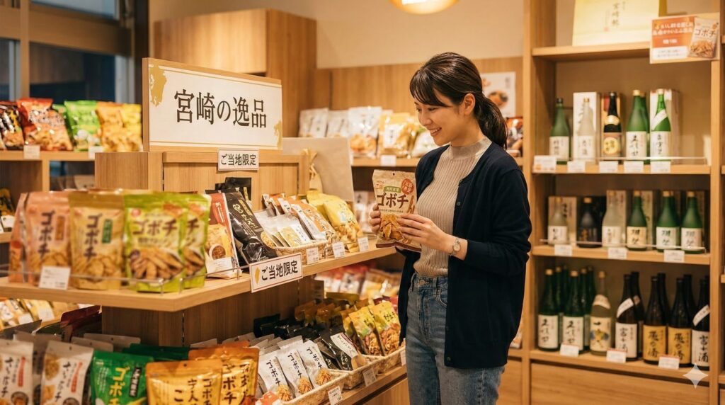 宮崎県のアンテナショップで、限定フレーバーのゴボチを手に取る日本人女性。多様な品揃えを表現。