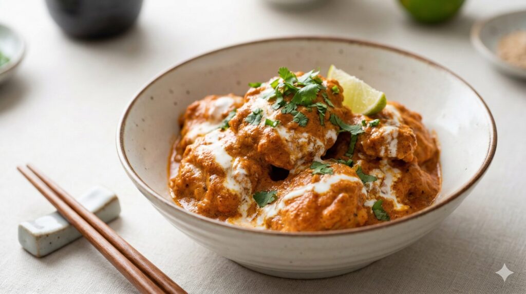 クリーミーなタンドリーチキンが伝統的な日本の陶器のボウルに盛られている。パルテノギリシャヨーグルトの白い渦巻きがオレンジ赤のマリネに混ざり、濃厚な質感を強調している。新鮮なパクチーとライムが添えられ、木製の箸が箸置きの上に並んでいる。背景は日本のダイニングテーブル。