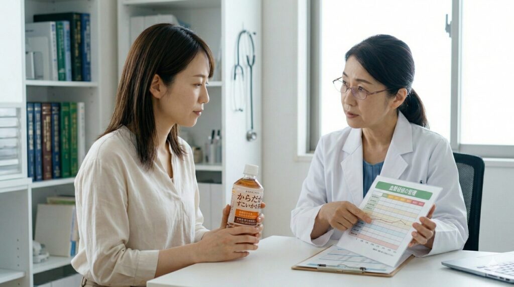 からだすこやか茶W+を持ち、糖尿病や服薬について日本人女性医師に相談する日本人女性。日本の医療機関の診察室。
