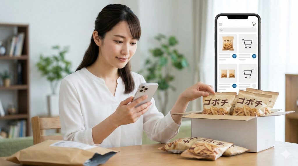 自宅でスマートフォンを使い、オンラインショップでゴボチをまとめ買いする日本人女性。通販の確実性を表現。