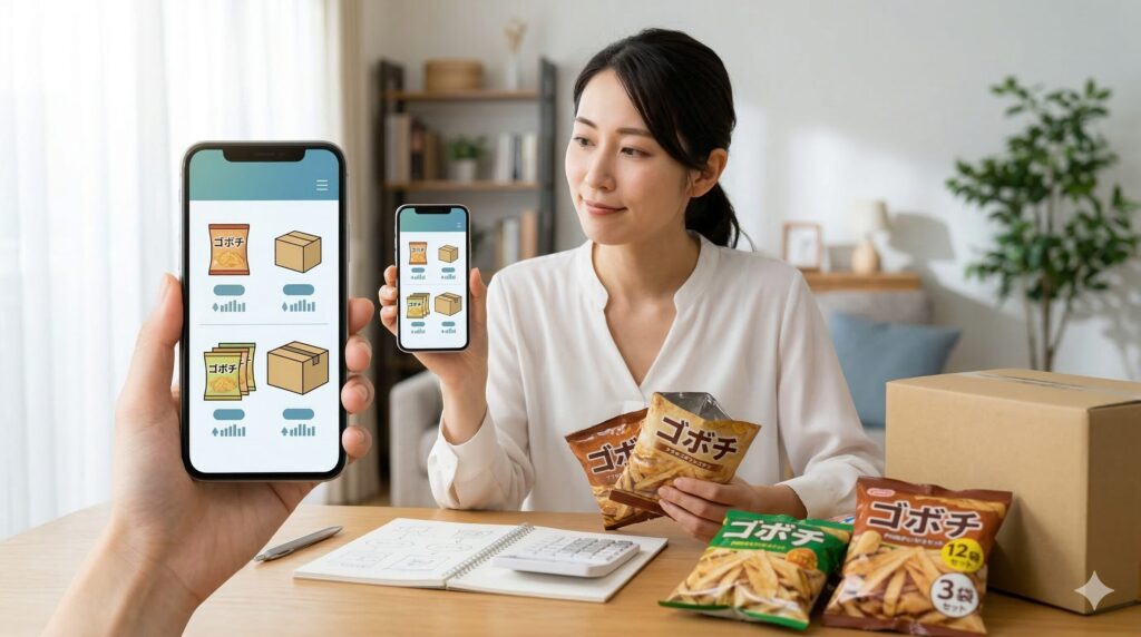 自宅でスマートフォンを使い、複数のオンラインショップのゴボチの価格と送料を比較検討する日本人女性。コスパ最優先の賢い買い方を表現。