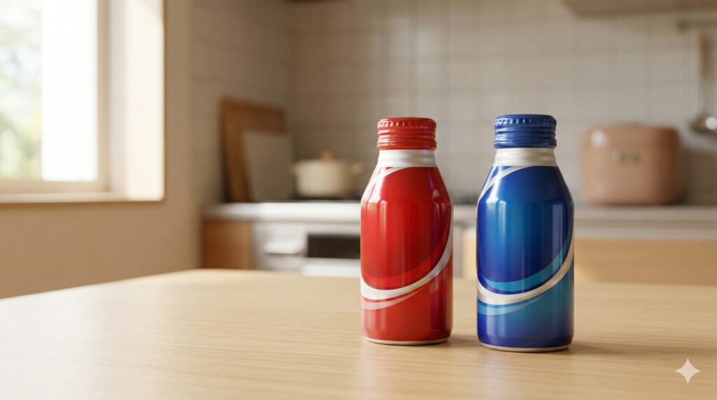 自宅の木製テーブルに置かれた、赤、白、黄色のパッケージの旧デザインボトル(守る働く乳酸菌)と、青、白、シルバーの新デザインボトル(PLUSカルピス 免疫サポート)。リニューアルを比較している。