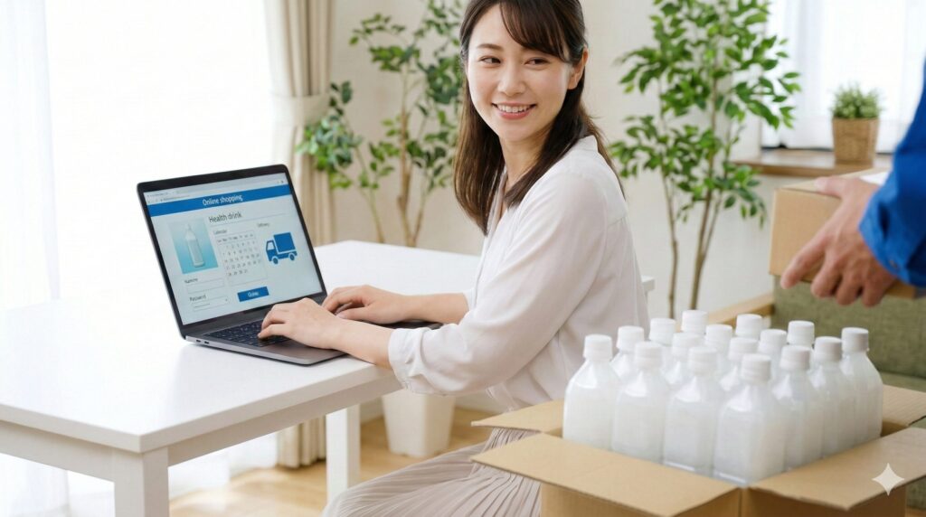 自宅のデスクでパソコンを使い、健康飲料(L-92乳酸菌関連商品)の定期購入を設定している、笑顔の日本人女性。足元には届いた段ボール箱が置かれている。