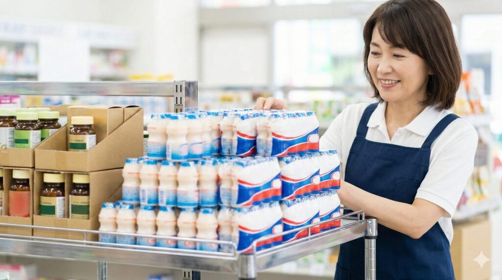 明るい日本のドラッグストアで、飲料やサプリメントが並ぶ健康食品コーナーの棚を整頓する、笑顔の日本人女性店員