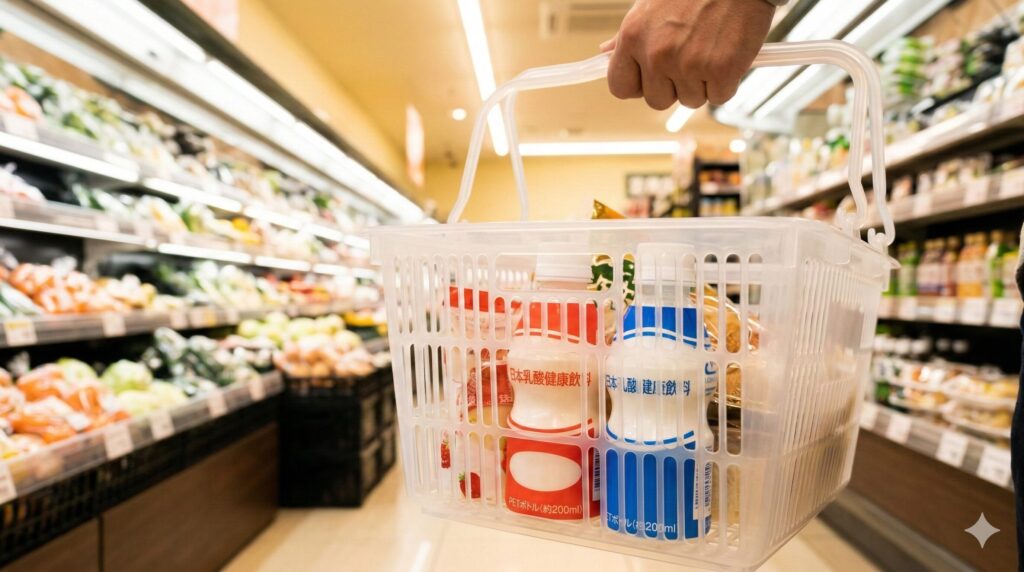 日本のスーパーマーケットで、食料品と一緒に買い物かごに入れられた、赤と白、青と白のパッケージの200mlPETボトル飲料(L-92乳酸菌関連商品)。