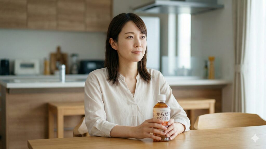からだすこやか茶W+のペットボトルを手に、効果を期待する表情を浮かべる日本人女性。自然光が差し込む日本の家庭のダイニング。