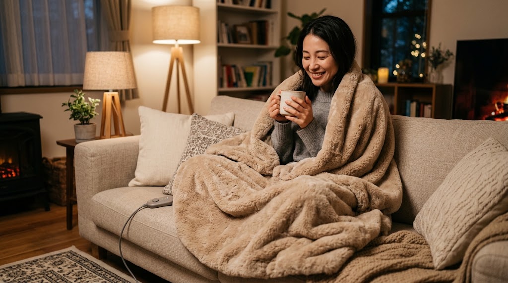 フェイクファーの電気ひざ掛けにくるまってソファでくつろぐ日本人女性
