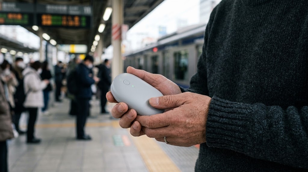 手のひらで握るバッテリー内蔵の充電式カイロ
