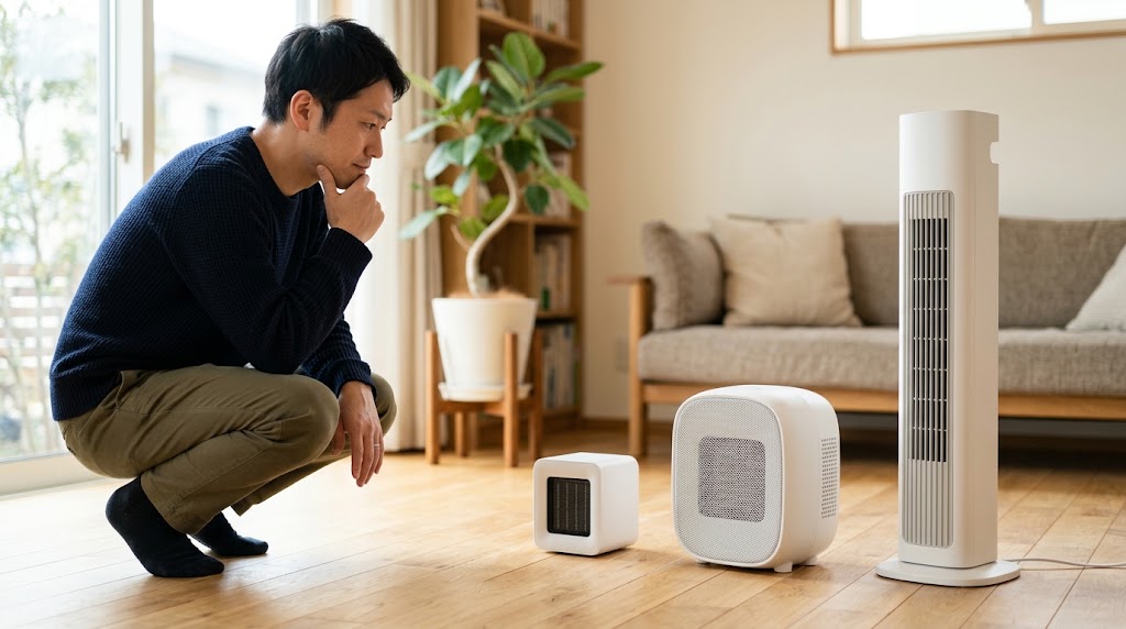 大きさの違う無地のセラミックファンヒーターを床に並べて比べている様子