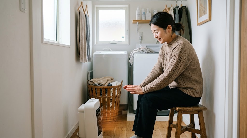 脱衣所で小型セラミックファンヒーターの温風にあたる日本人女性