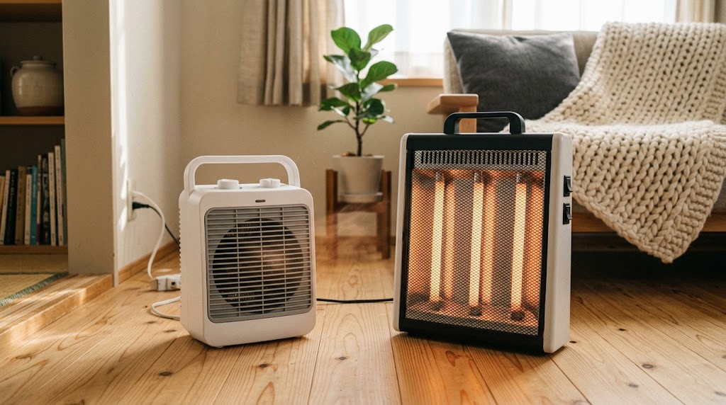 フローリングの部屋に並べて置かれた小型セラミックファンヒーターと電気ストーブ