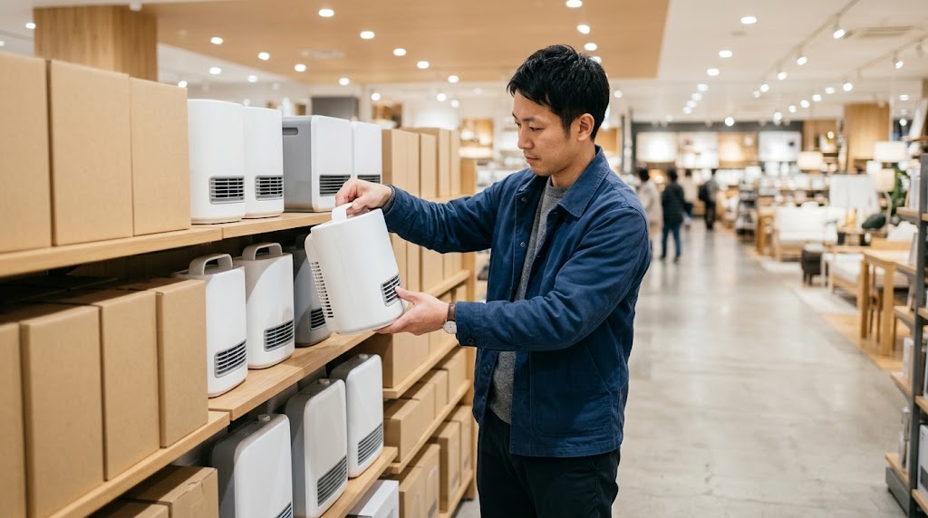 家具インテリア店の季節家電コーナーで小型ヒーターを手に取る日本人男性