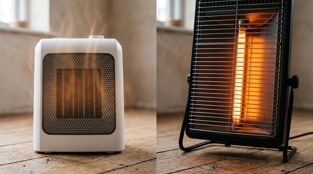 温風を吹き出す小型セラミックファンヒーターと赤く発熱する電気ストーブのヒーター管
