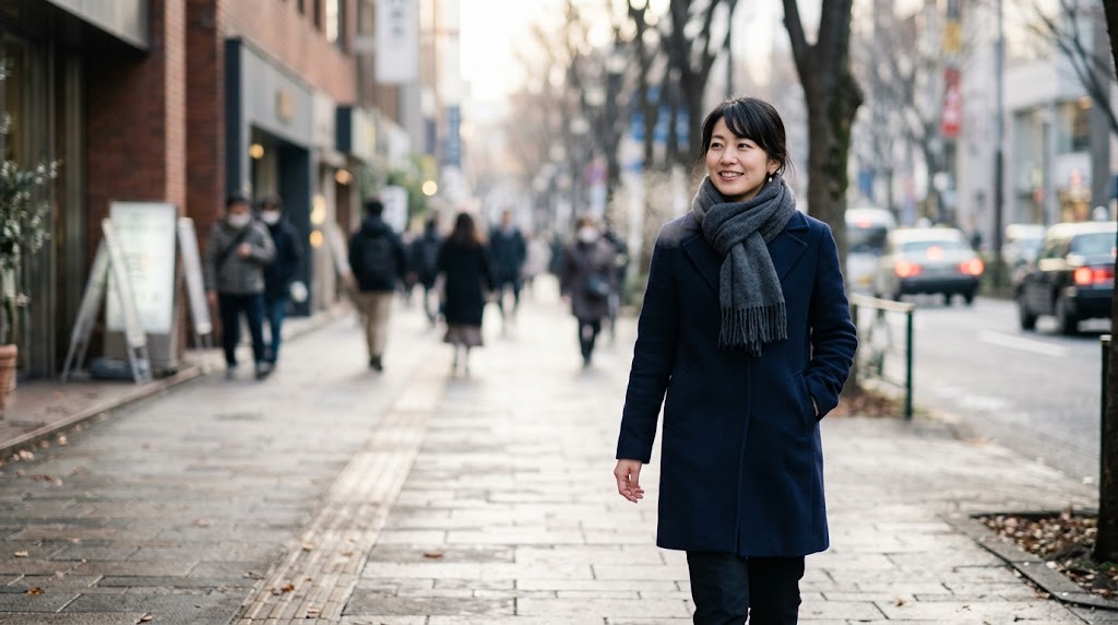 冬の通勤中にコートのポケットで手を温める日本人女性