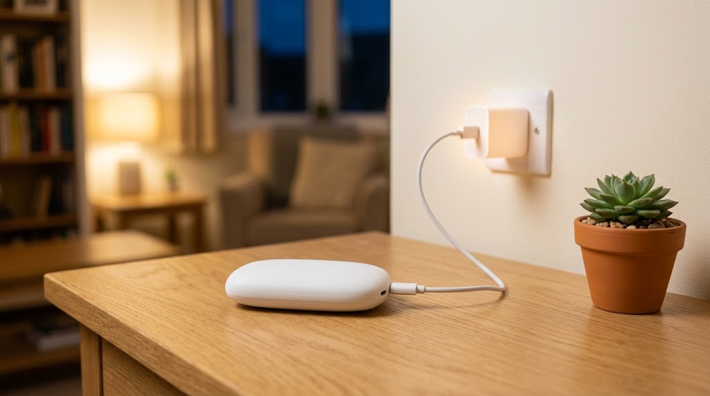 燃えやすい物がない机の上で充電中の充電式カイロ