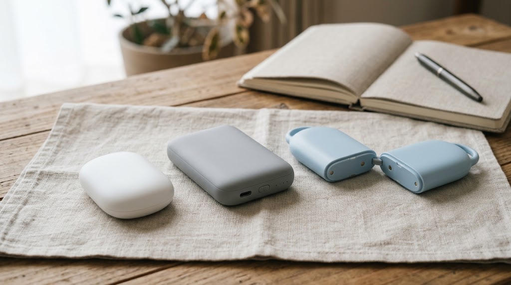 形の異なる3種類の充電式カイロを並べた比較イメージ