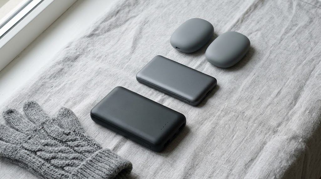 形や大きさの違う充電式カイロが並んだ様子