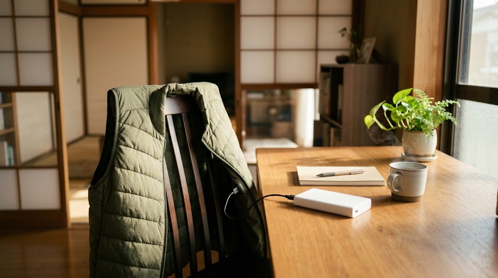 机の上に置かれた電熱ベストと無地のモバイルバッテリーとケーブル