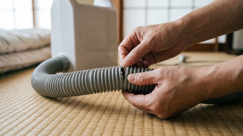 布団乾燥機のホースの裂け目を指で広げて確認している手元
