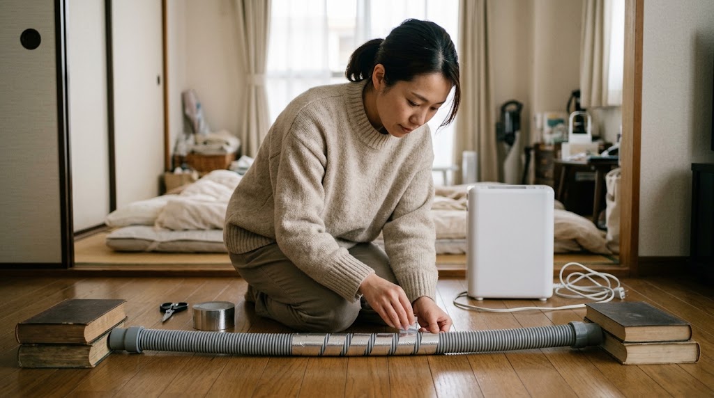 伸ばした布団乾燥機のホースに耐熱アルミテープを巻いている日本人女性の手元
