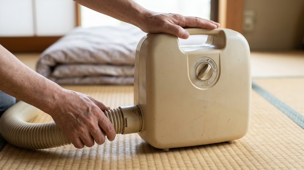 使い込まれた布団乾燥機のホースと本体を点検している手元