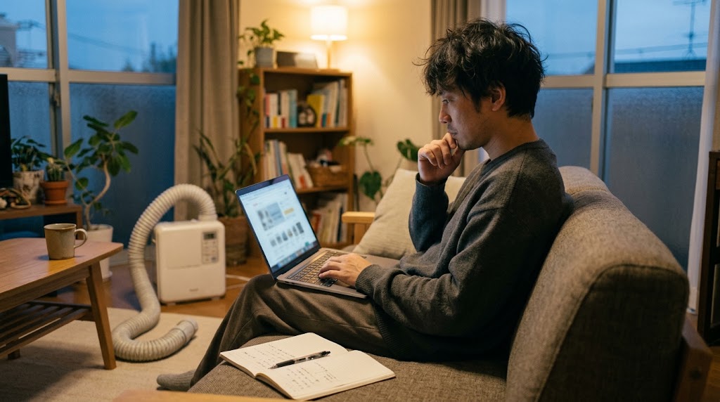 リビングでノートパソコンを見ながら布団乾燥機を選ぶ日本人男性