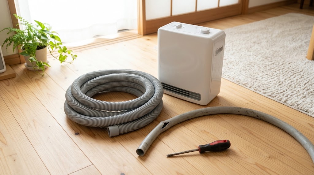 新品の交換用ジャバラホースと布団乾燥機本体を並べた様子