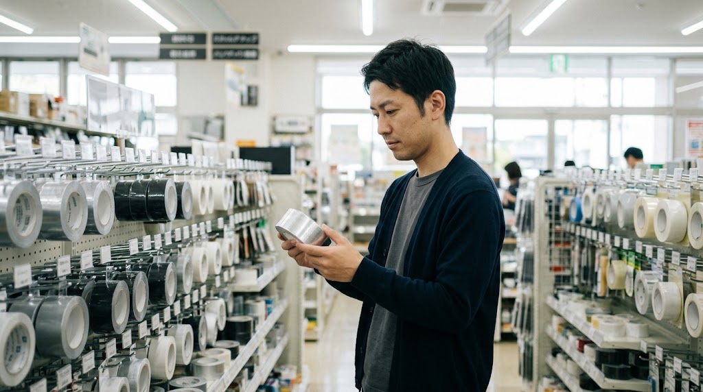 ホームセンターの補修テープ売り場で耐熱テープを手に取る日本人男性
