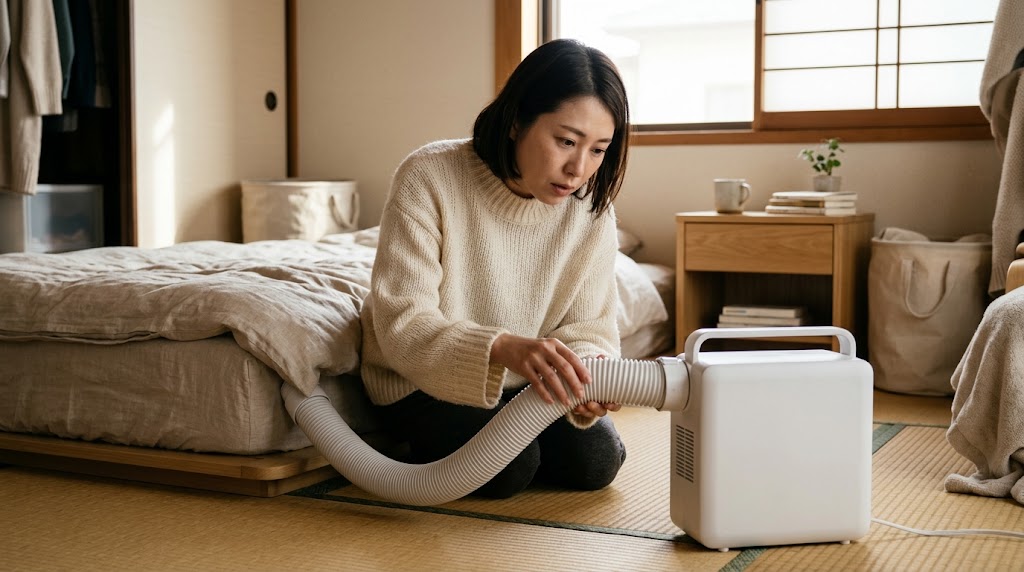 布団乾燥機のホースの付け根を確認する日本人女性の手元