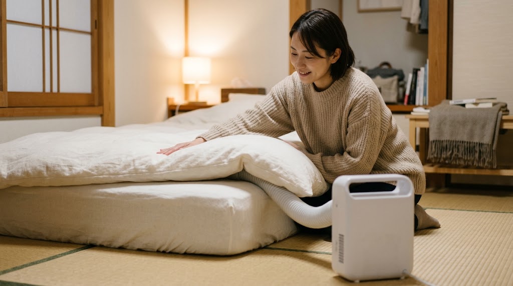 温めた直後のふかふかの布団に手を入れて温かさを確かめる日本人女性