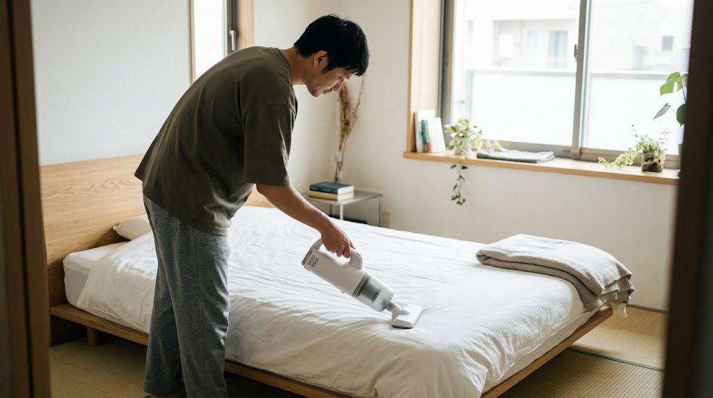 乾燥後の布団に掃除機をかける日本人男性