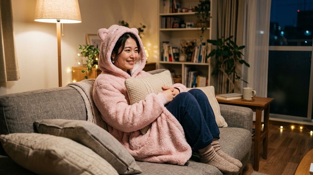 耳付きフードのかわいい着る毛布を着てリビングでくつろぐ女性