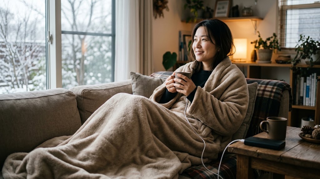 ソファで着る電気毛布にくるまりマグカップを持つ女性