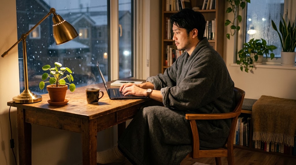 ロング丈の無地の着る毛布を着てデスクで作業する男性