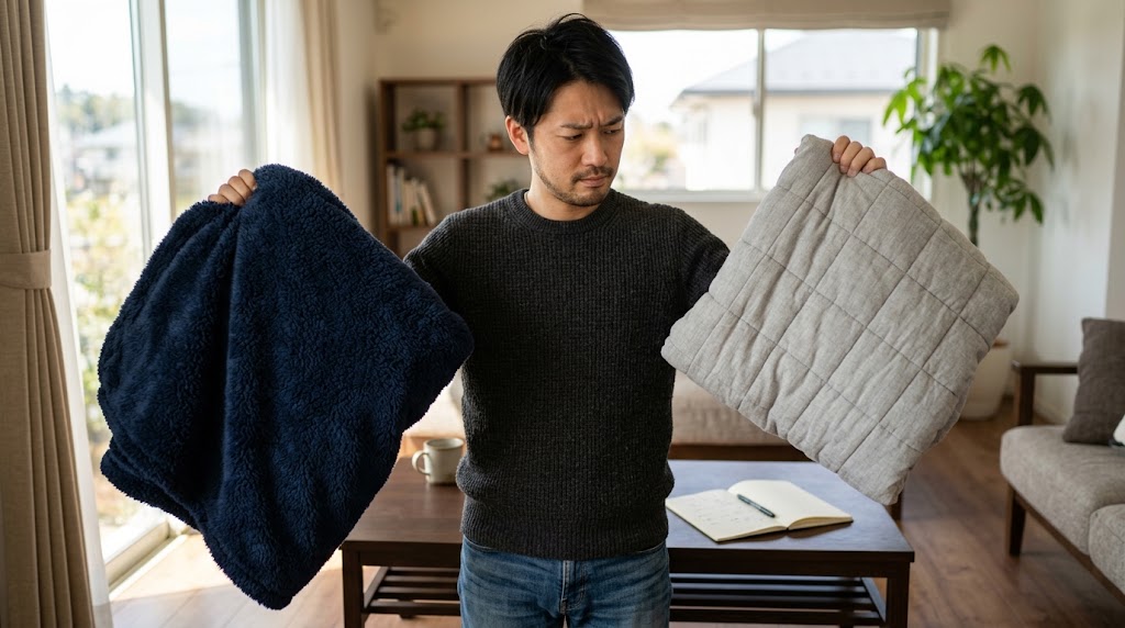 色や素材の違う着る毛布を見比べる様子